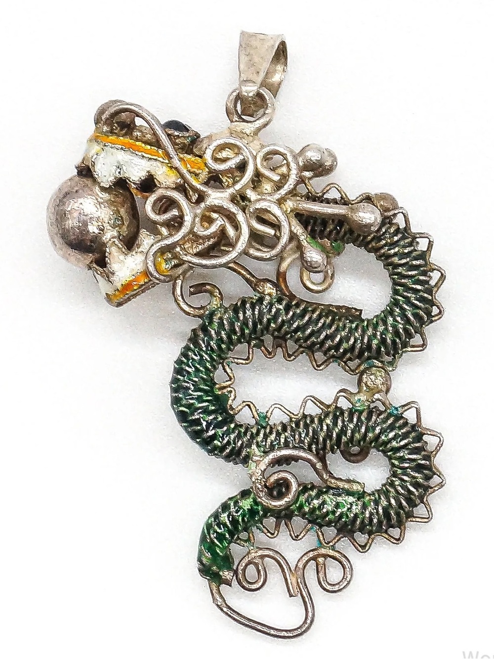Vintage Antique ROC Chinese Dragon Pendant Enamel Silver Flaming Pearl Necklace